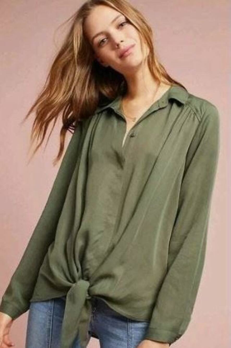 Maeve Small Button Up Tie Front Shirt Forest Green Tencel Collared Long Sleeves